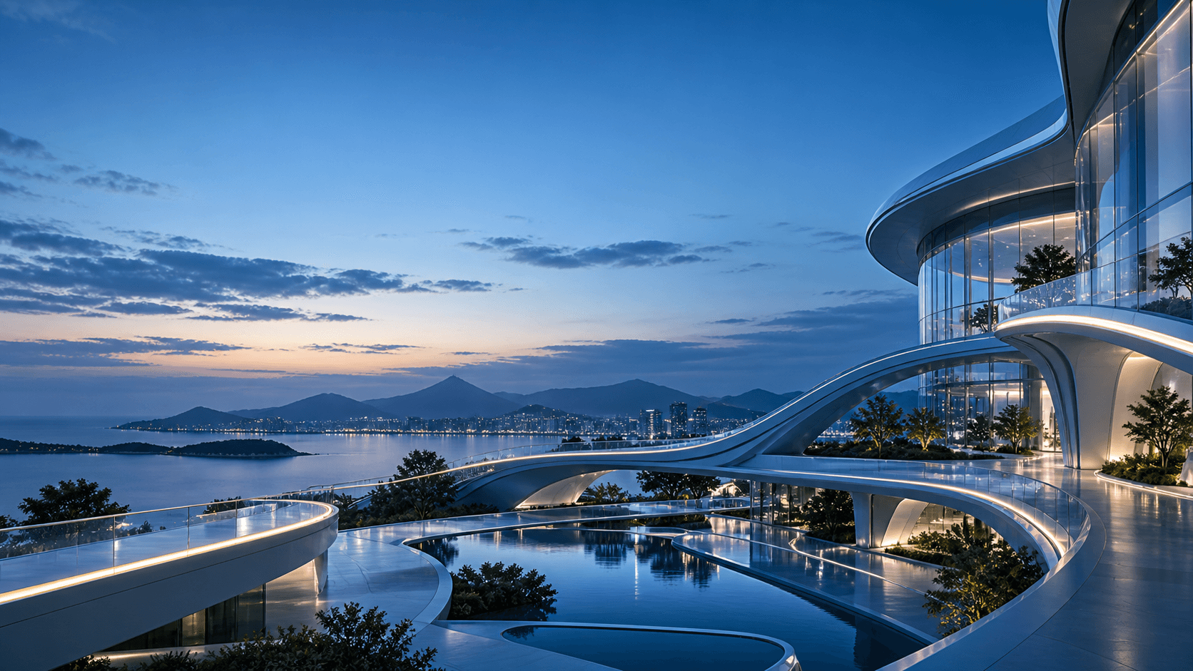 Futuristic curved architecture overlooking a blue coastal city